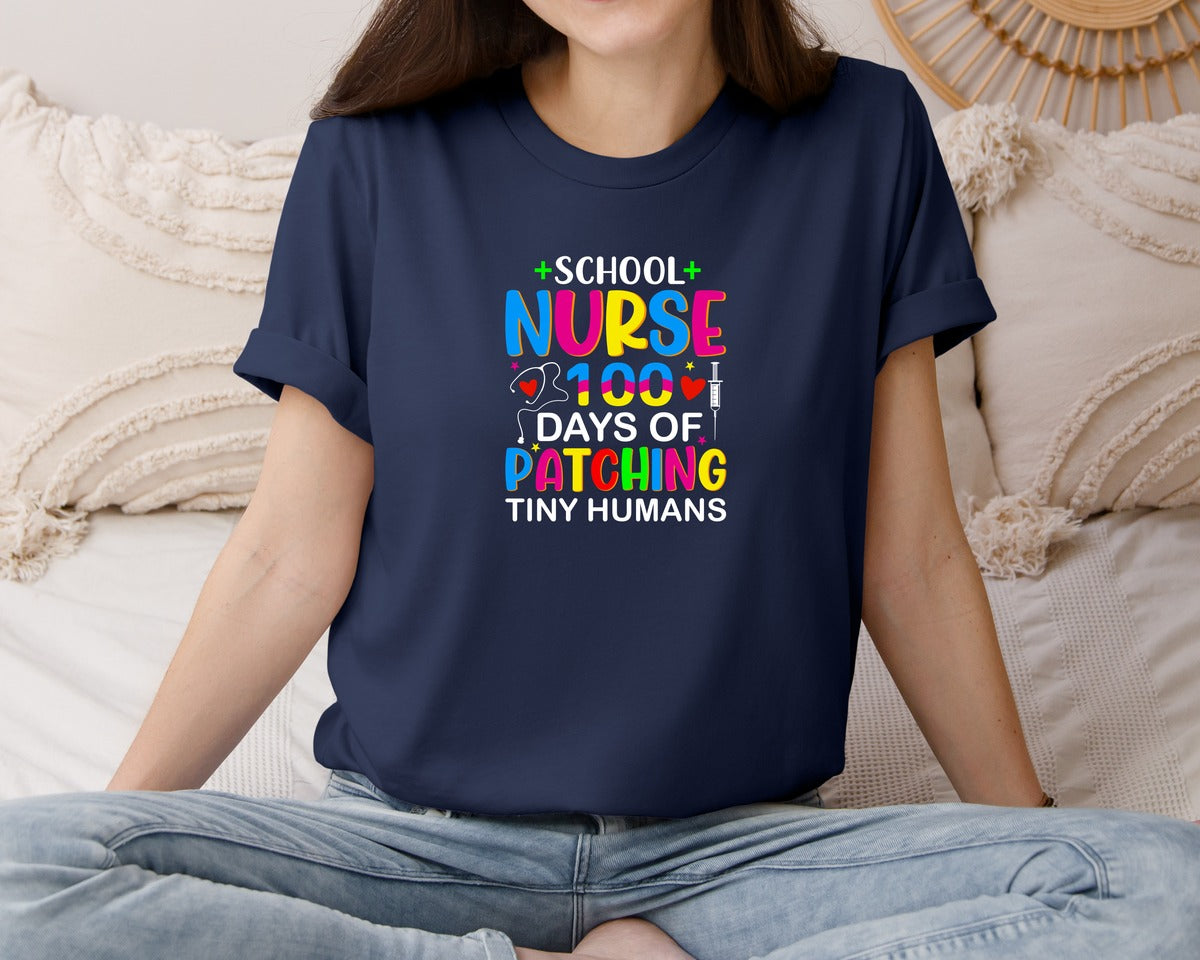 brand:Bella Canvas|color:Navy|School Nurse 100 Days Of Patching Tshirt Graphic T-Shirt