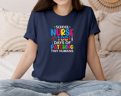 brand:Bella Canvas|color:Navy|School Nurse 100 Days Of Patching Tshirt Graphic T-Shirt