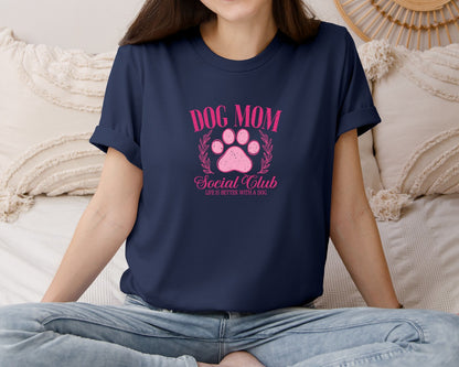 brand:Bella Canvas|color:Navy|Dog Mom Social Club Retro Mama Pink Graphic T-Shirt