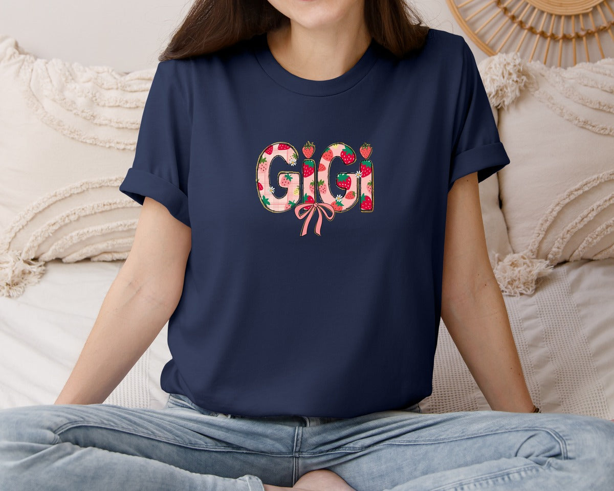 brand:Bella Canvas|color:Navy|Strawberry Gigi Coquette Preppy Graphic T-Shirt