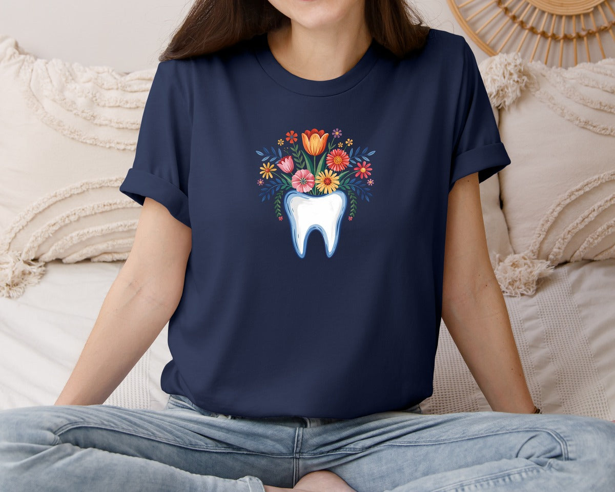 brand:Bella Canvas|color:Navy|Floral Tooth Retro Dentist Dental Studen 2 Graphic T-Shirt