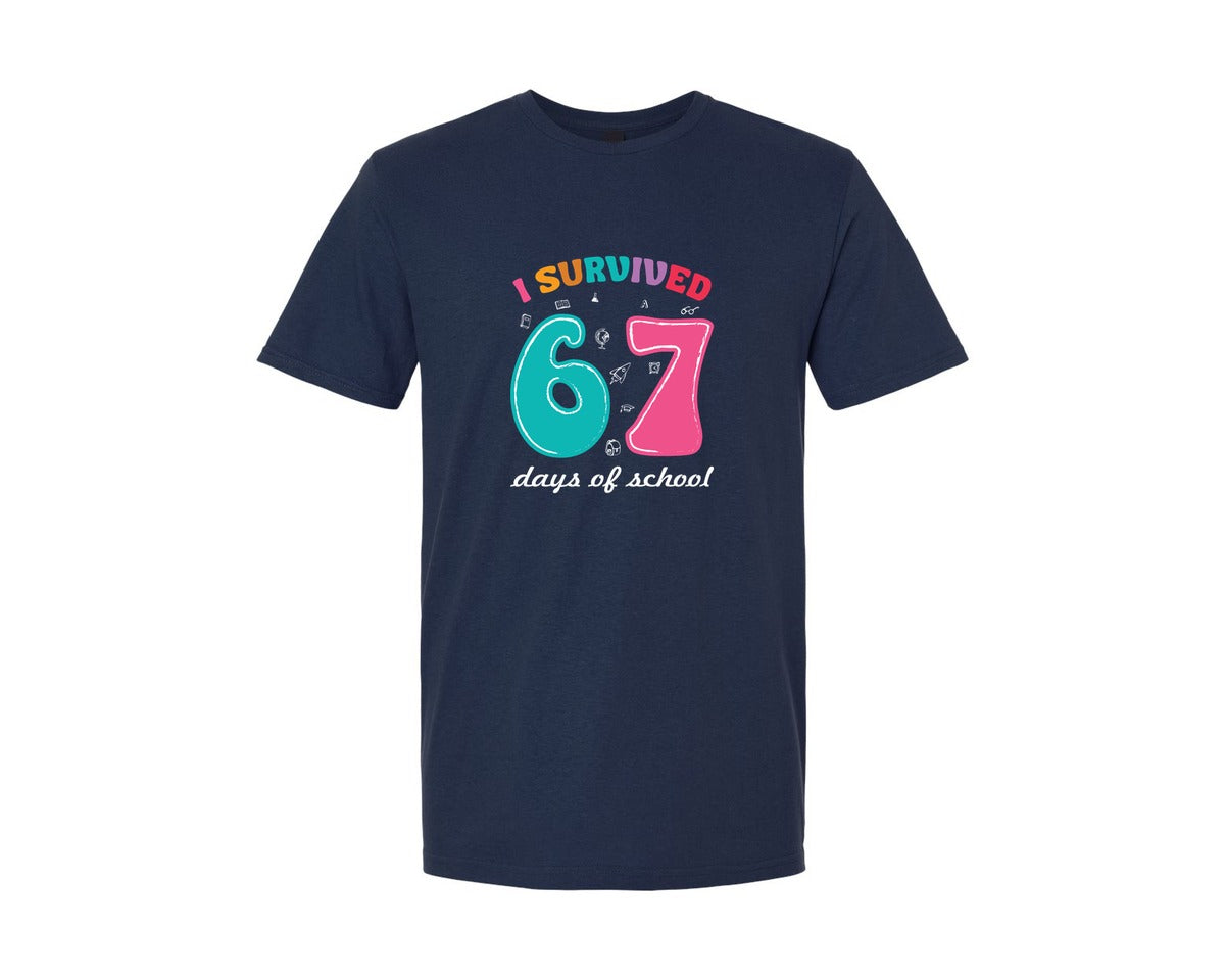 brand:Generic|color:Navy|Funny 6 7 I Survived 67 Days Of School Graphic T-Shirt
