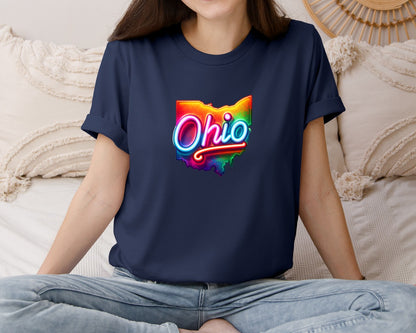 brand:Bella Canvas|color:Navy|Colorful Neon Ohio Map Graphic T-Shirt