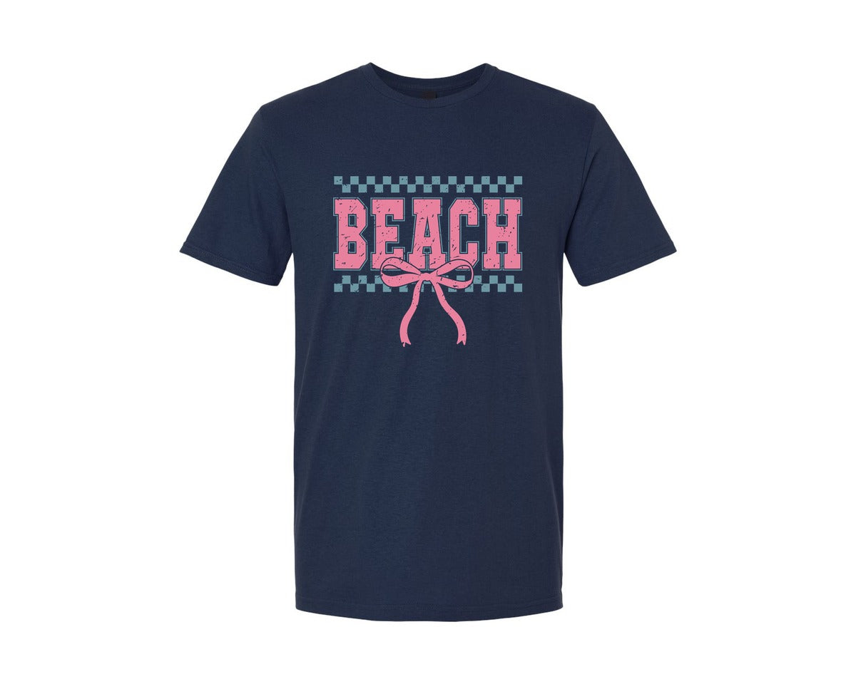 brand:Generic|color:Navy|Beach Checkered Bow Summer Vacation Graphic T-Shirt