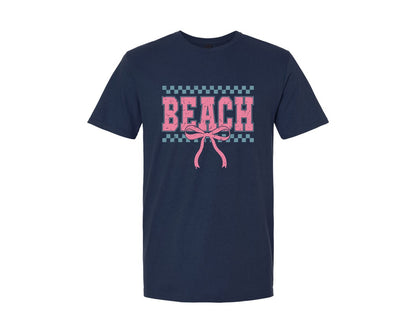 brand:Generic|color:Navy|Beach Checkered Bow Summer Vacation Graphic T-Shirt