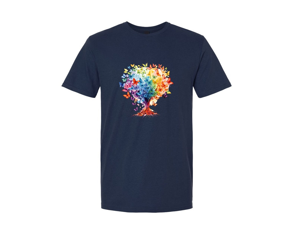 brand:Generic|color:Navy|Autism Awareness Rainbow Butterfly Tree Graphic T-Shirt