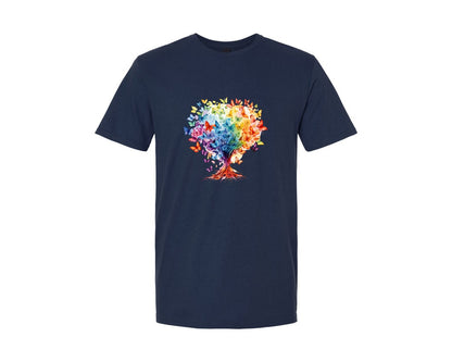 brand:Generic|color:Navy|Autism Awareness Rainbow Butterfly Tree Graphic T-Shirt