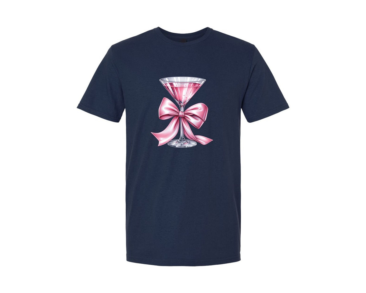 brand:Generic|color:Navy|Pink Martini Cocktail With Coquette Bow Graphic T-Shirt