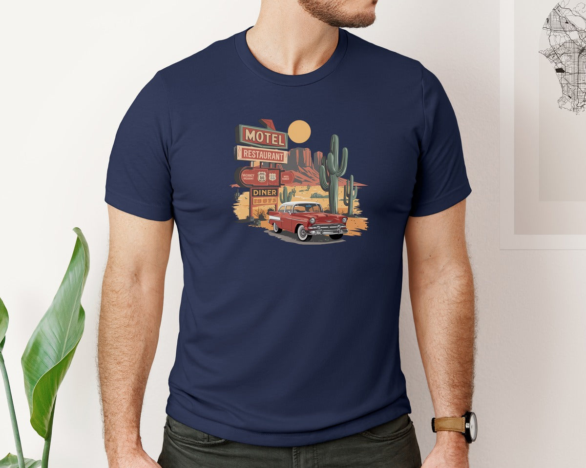 brand:Bella Canvas|color:Navy|Desert Road Trip Vintage Motel Class 2 Graphic T-Shirt