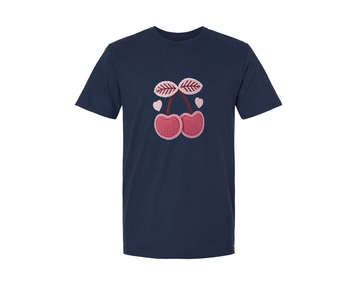 brand:Generic|color:Navy|Faux Crochet Valentines Day Cherry 3 Graphic T-Shirt
