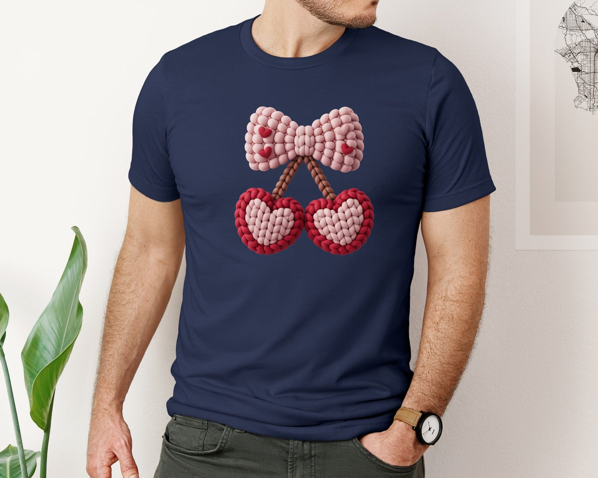 brand:Bella Canvas|color:Navy|Faux Yarn Cherry Bow Valentine Shirt Graphic T-Shirt