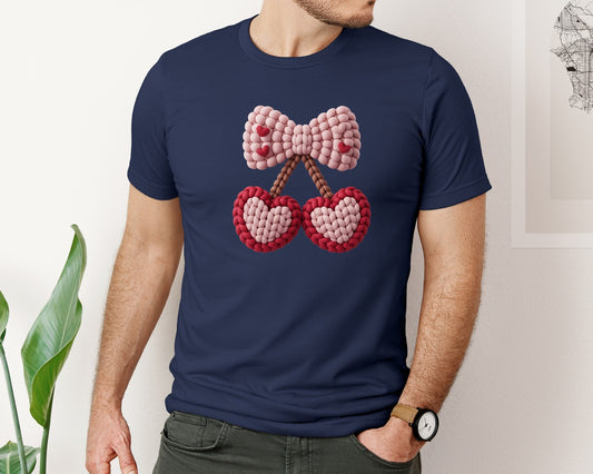 Faux Yarn Cherry Bow Valentine Shirt Graphic T-Shirt