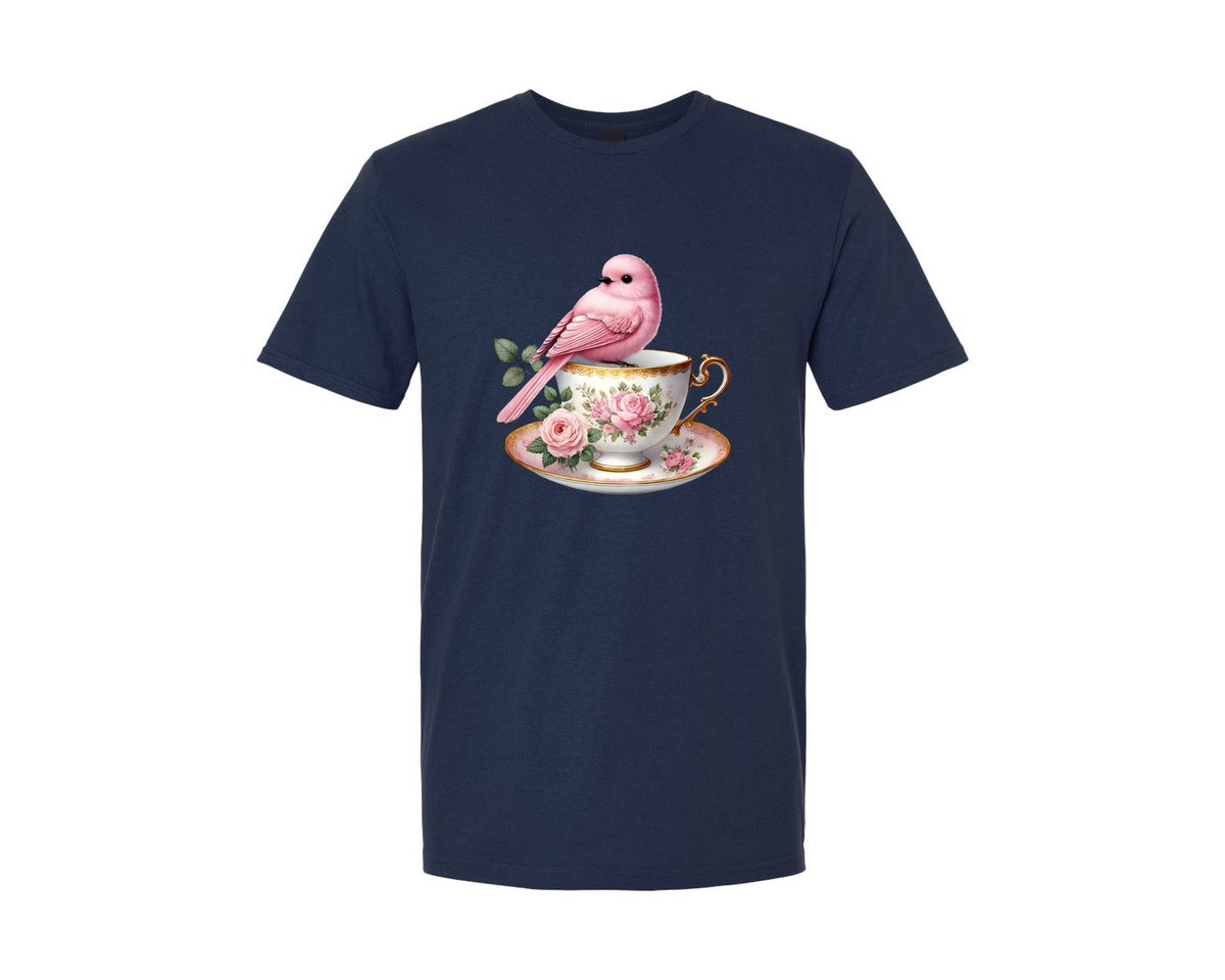 brand:Generic|color:Navy|Pink Bird Sitting In A Floral Teacup Graphic T-Shirt