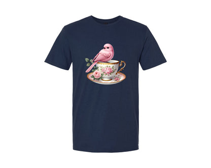 brand:Generic|color:Navy|Pink Bird Sitting In A Floral Teacup Graphic T-Shirt