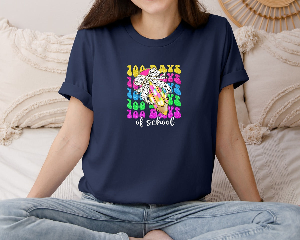 brand:Bella Canvas|color:Navy|Glitter 100 Days Of School Coquette 2 Graphic T-Shirt