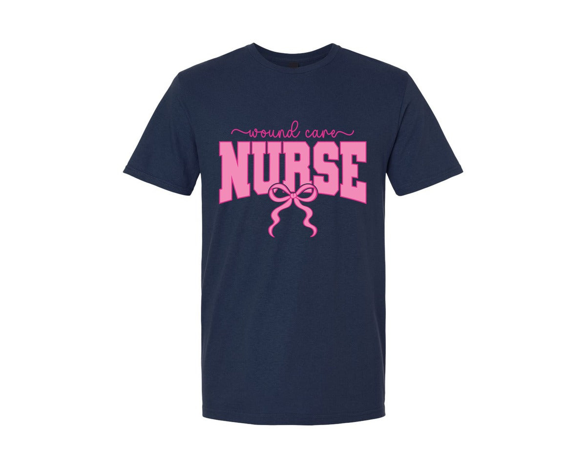 brand:Generic|color:Navy|Wound Care Nurse Coquette Nurse Pink Bow Graphic T-Shirt