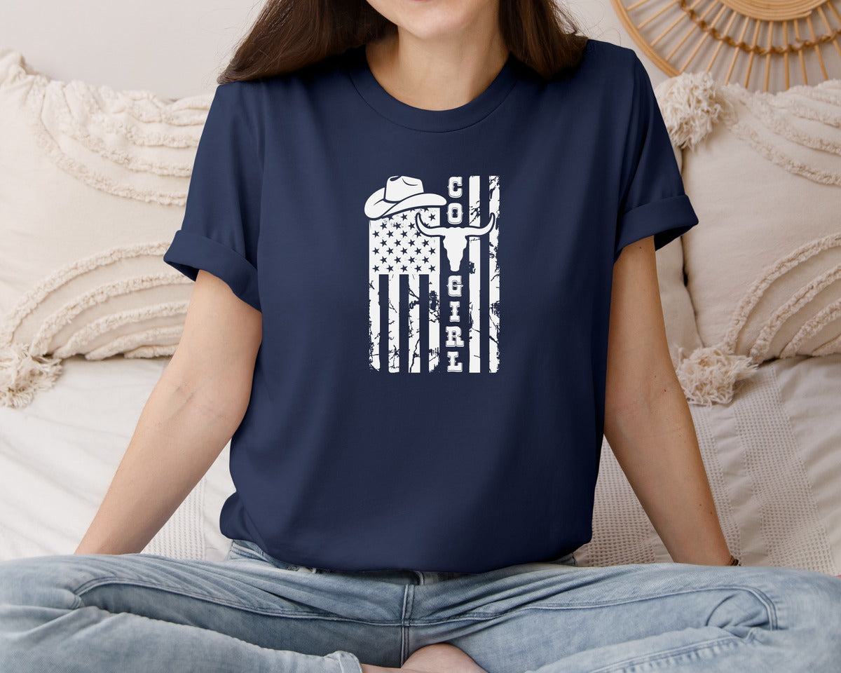 brand:Bella Canvas|color:Navy|Cowgirl American Flag Design Graphic T-Shirt