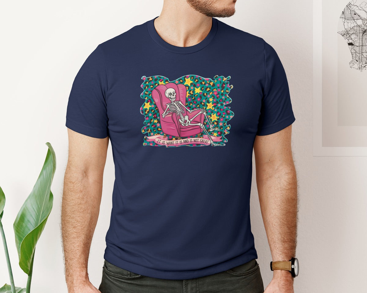brand:Bella Canvas|color:Navy|Retro Skeleton Leopard Sarcastic Graphic T-Shirt