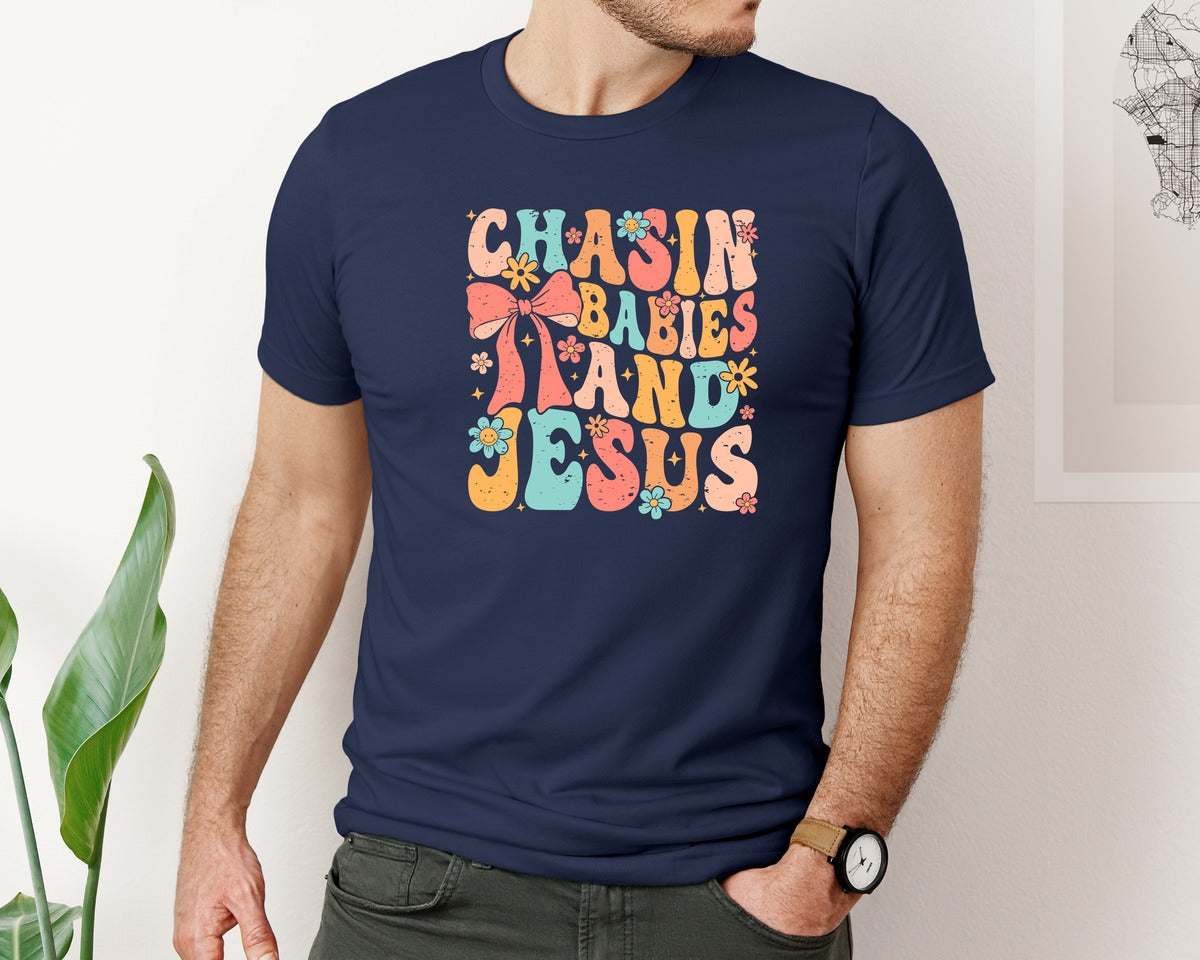 brand:Bella Canvas|color:Navy|Chasin Babies And Jesus Graphic T-Shirt