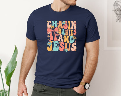 brand:Bella Canvas|color:Navy|Chasin Babies And Jesus Graphic T-Shirt