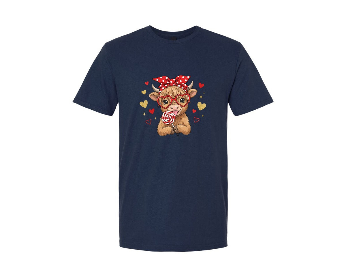 brand:Generic|color:Navy|Preppy Valentine Highland Cow Graphic T-Shirt