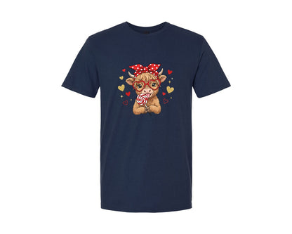 brand:Generic|color:Navy|Preppy Valentine Highland Cow Graphic T-Shirt