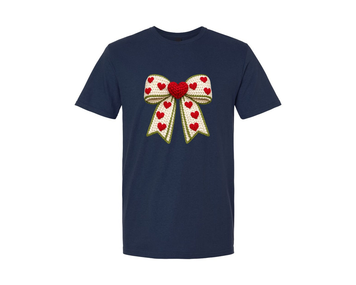 brand:Generic|color:Navy|Crochet Valentines Day Bow Graphic T-Shirt