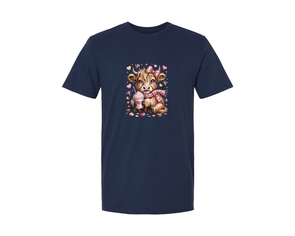 brand:Generic|color:Navy|Cute Valentine Highland Cow Love Vibes Graphic T-Shirt