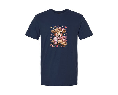 brand:Generic|color:Navy|Cute Valentine Highland Cow Love Vibes Graphic T-Shirt