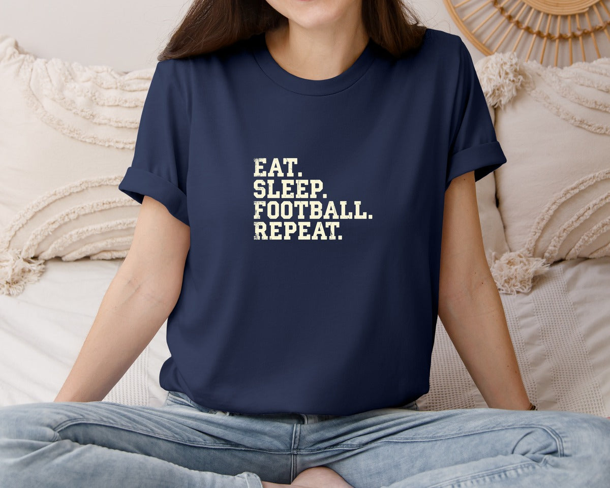 brand:Bella Canvas|color:Navy|Eat Sleep Football Repeat Distressed Graphic T-Shirt