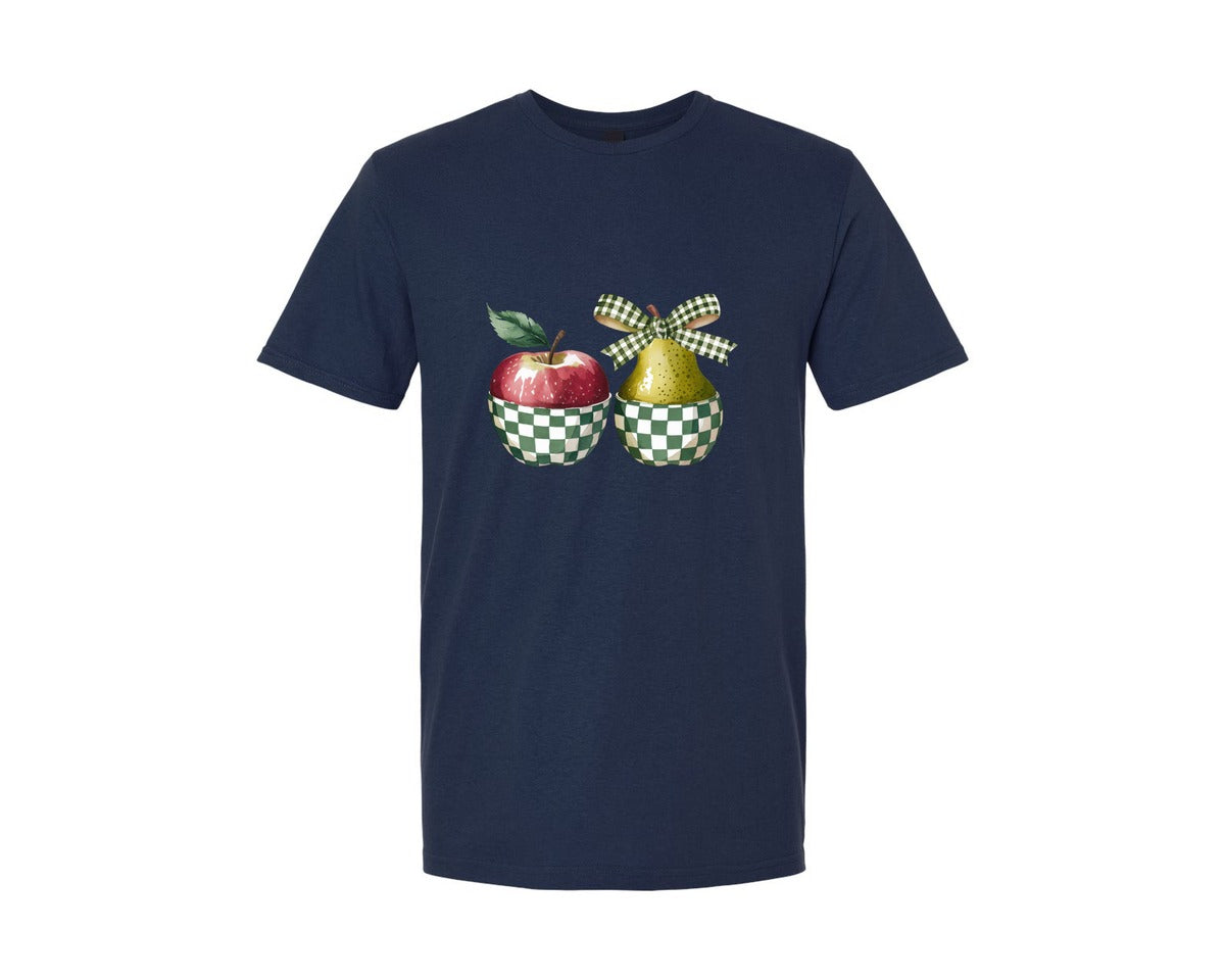 brand:Generic|color:Navy|Retro Checkered Coquette Apple Pear Graphic T-Shirt