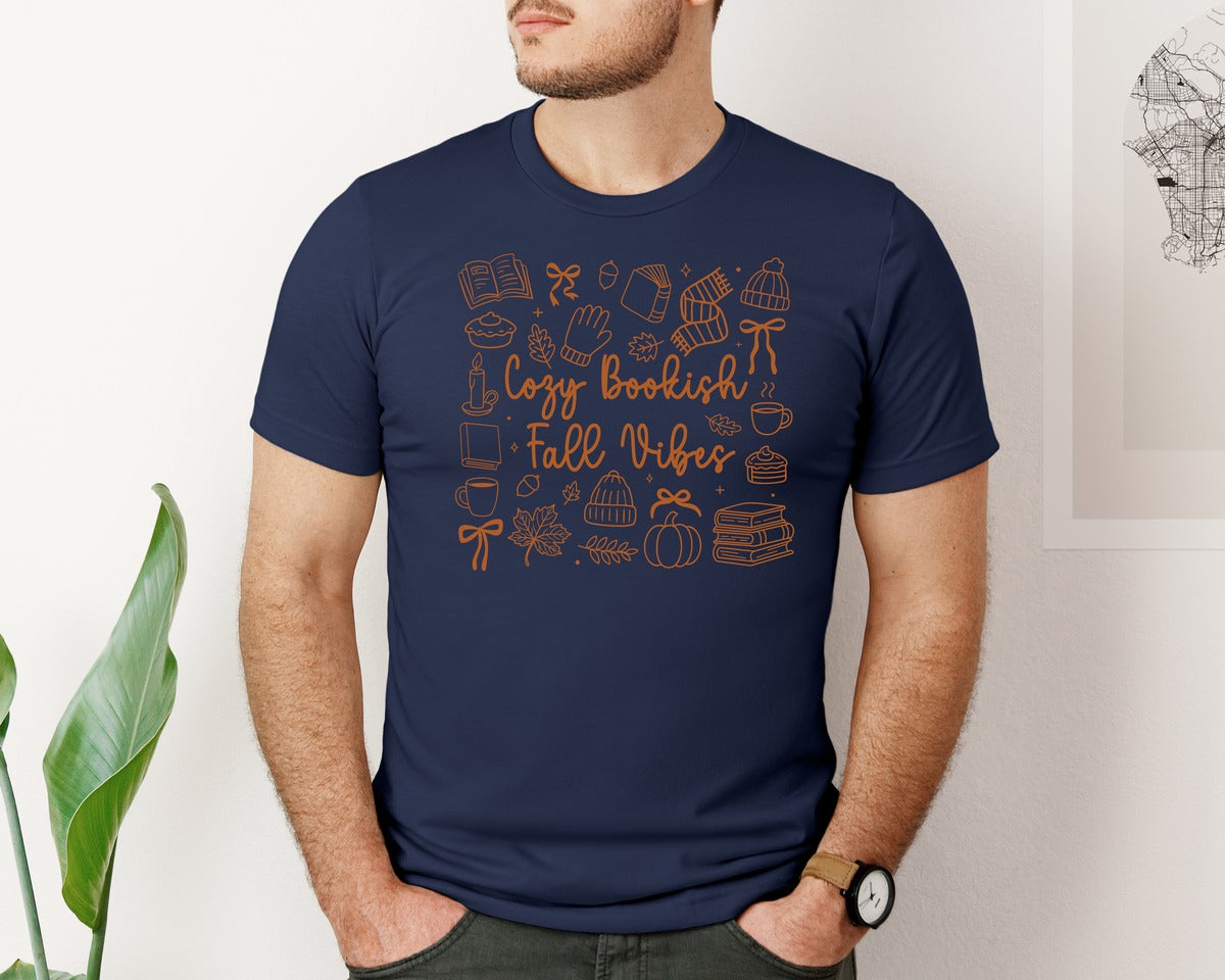 brand:Bella Canvas|color:Navy|Coquette Fall Book Cozy Bookish Bookworm Graphic T-Shirt