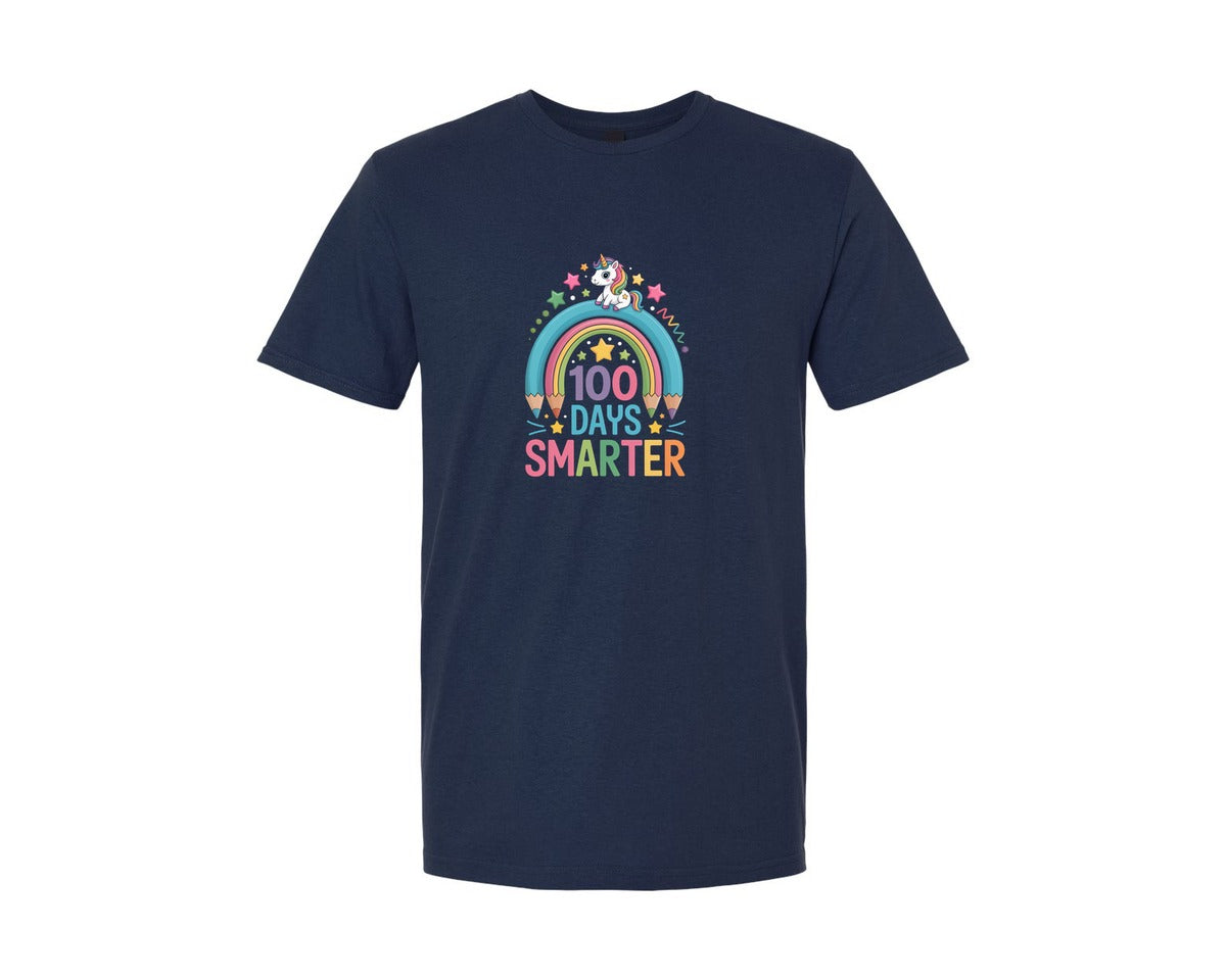 brand:Generic|color:Navy|100 Days Smarter Unicorn Rainbow Graphic T-Shirt