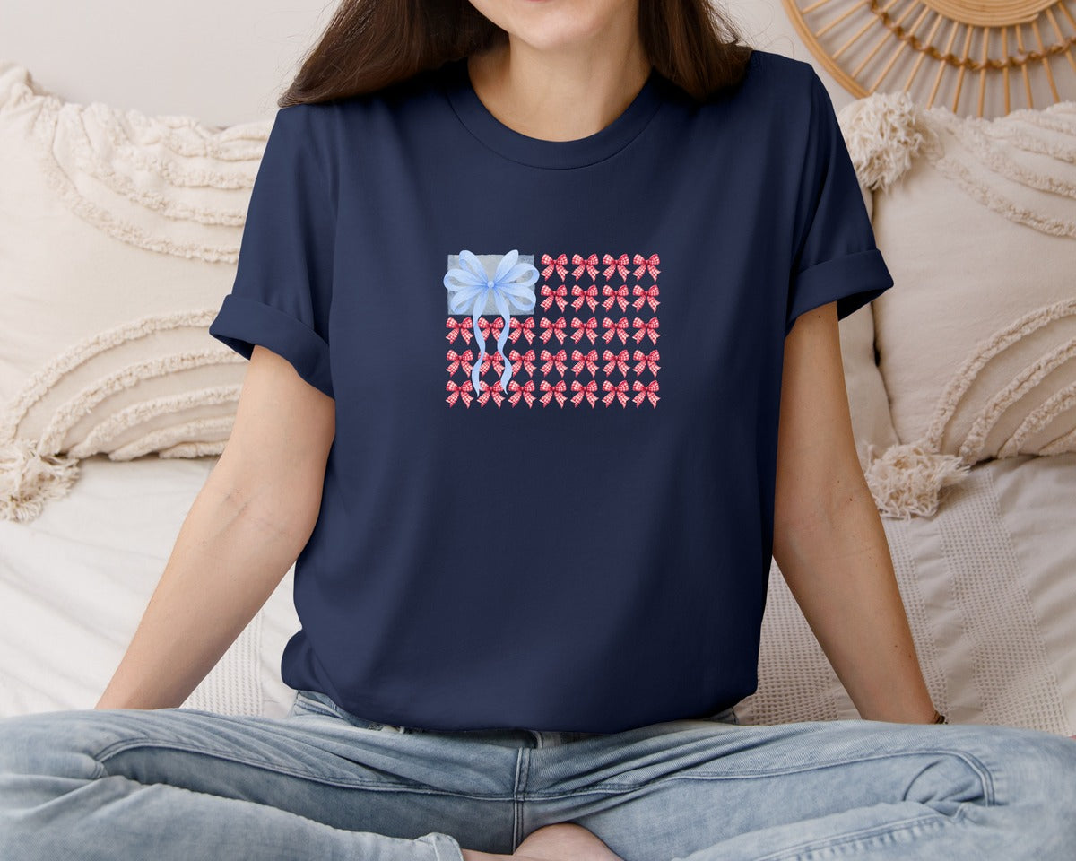 brand:Bella Canvas|color:Navy|Watercolor Usa Flag Made Of Bows Graphic T-Shirt