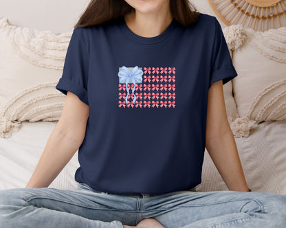 brand:Bella Canvas|color:Navy|Watercolor Usa Flag Made Of Bows Graphic T-Shirt