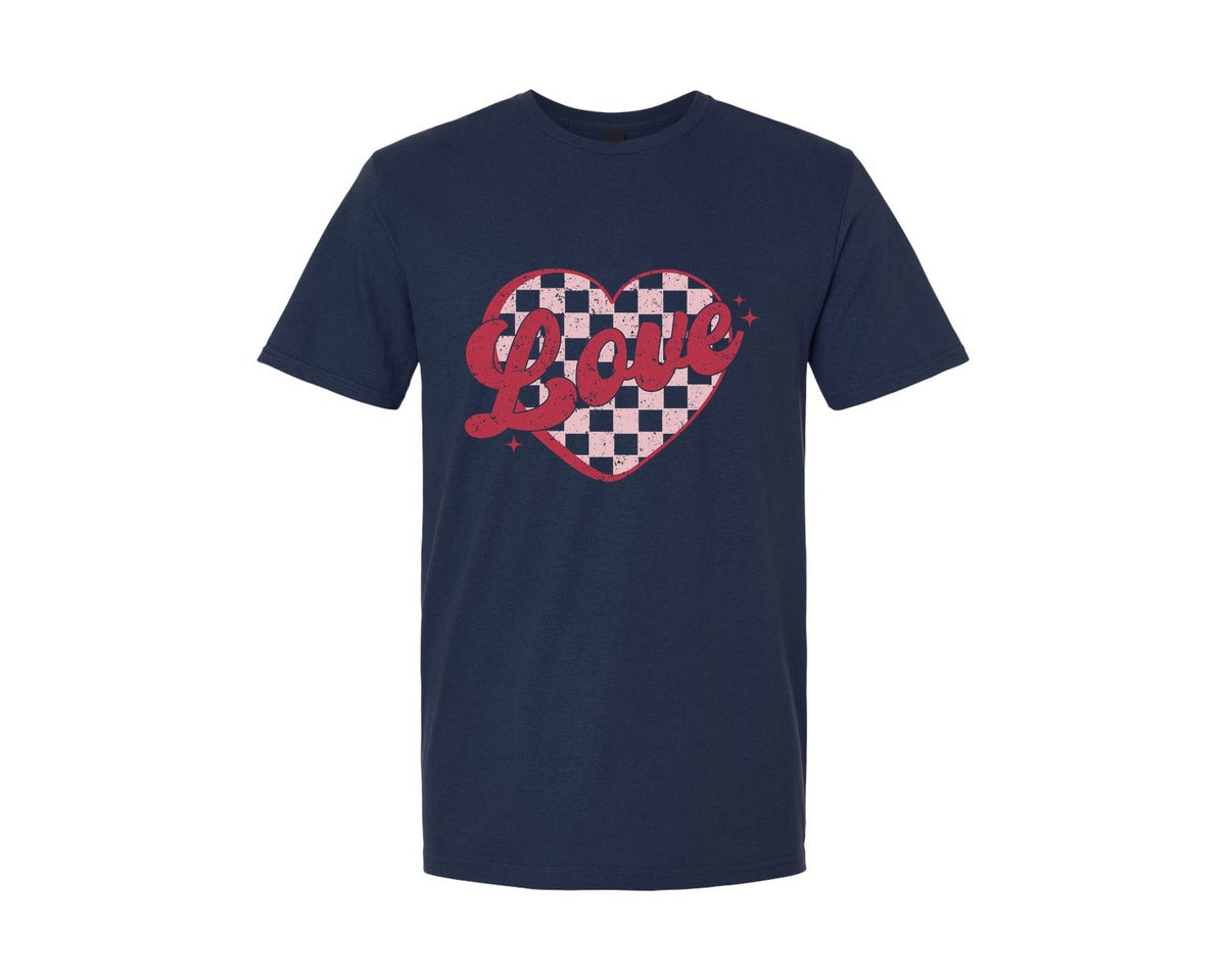 brand:Generic|color:Navy|Retro Love Heart Valentine Checker 2 Graphic T-Shirt