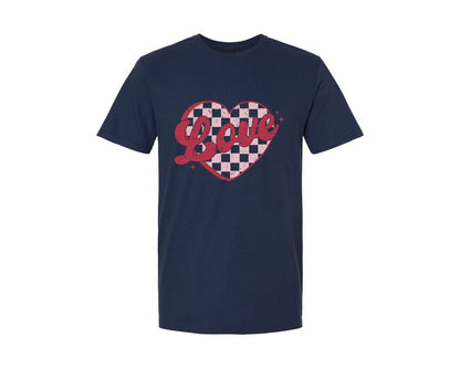 brand:Generic|color:Navy|Retro Love Heart Valentine Checker 2 Graphic T-Shirt