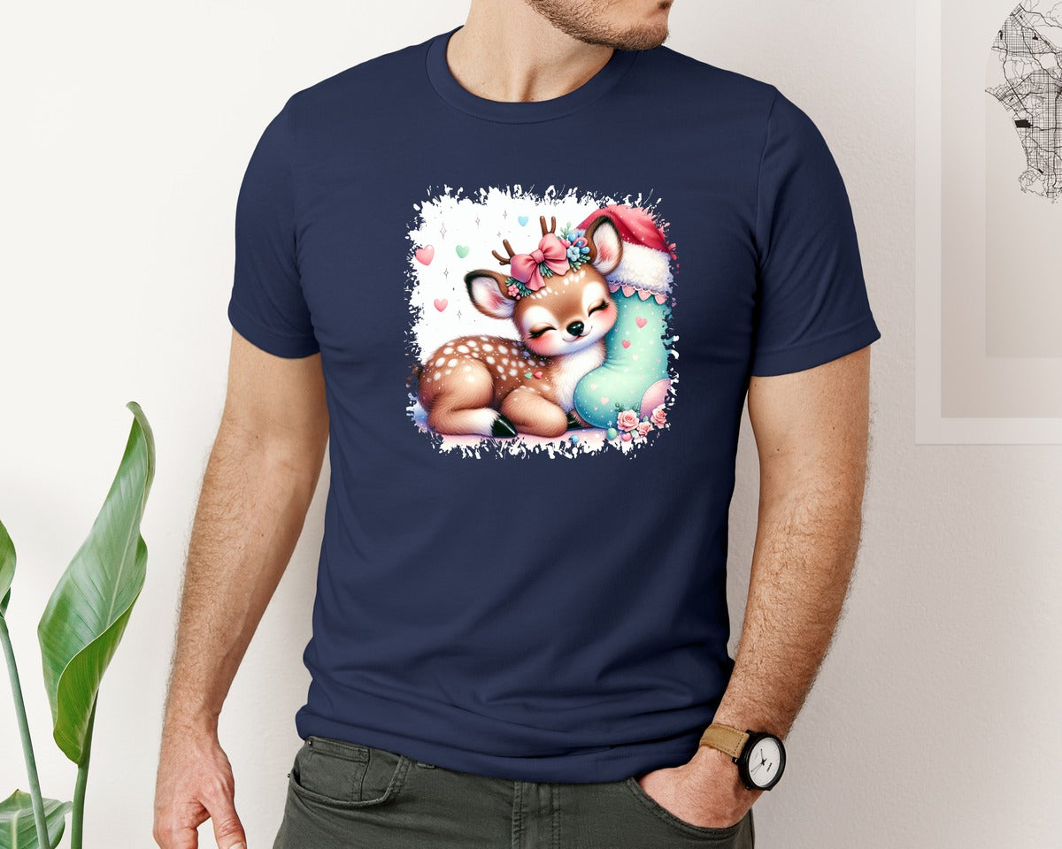 brand:Bella Canvas|color:Navy|Deer Christmas Square Tshirt Graphic T-Shirt