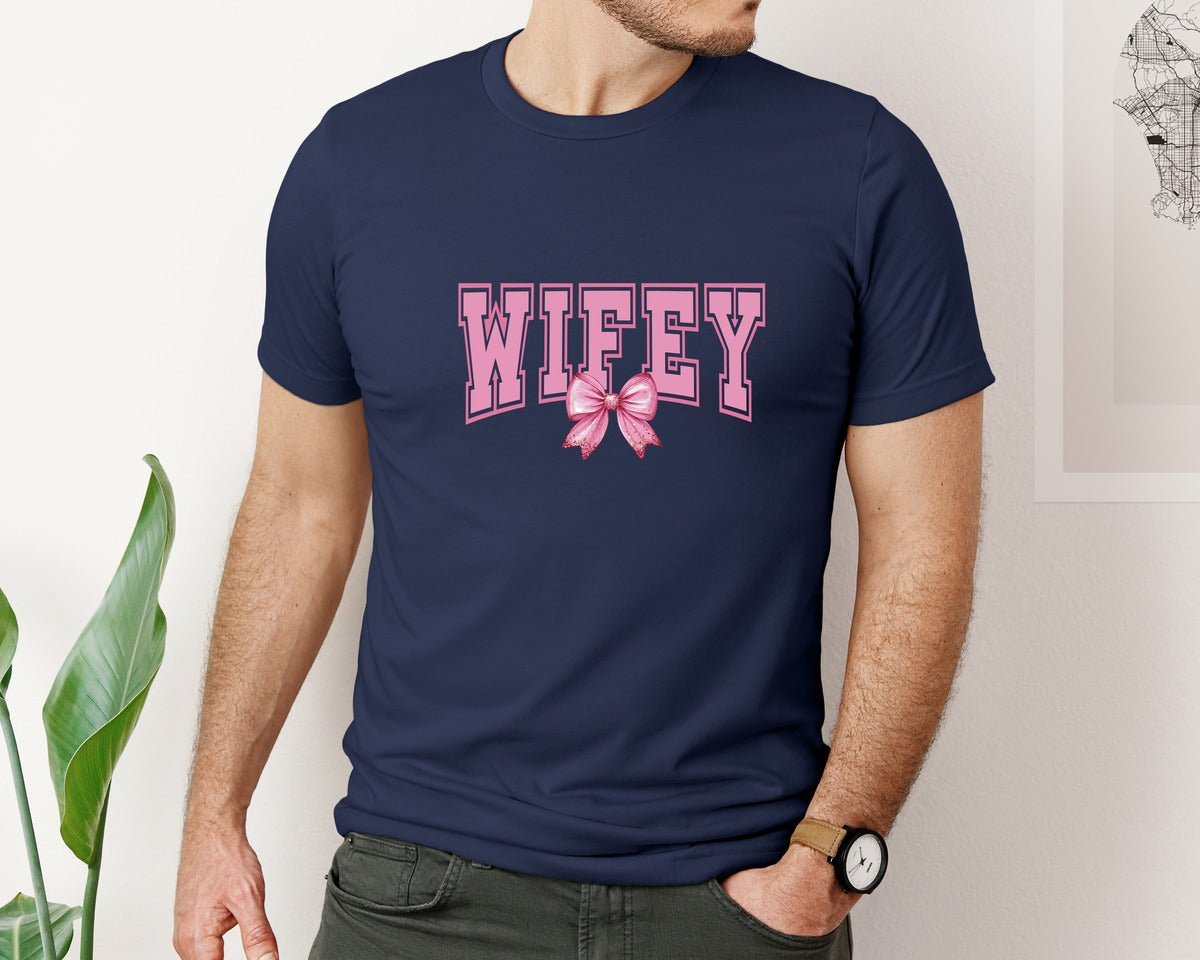 brand:Bella Canvas|color:Navy|Coquette Pink Bow Wifey Graphic T-Shirt