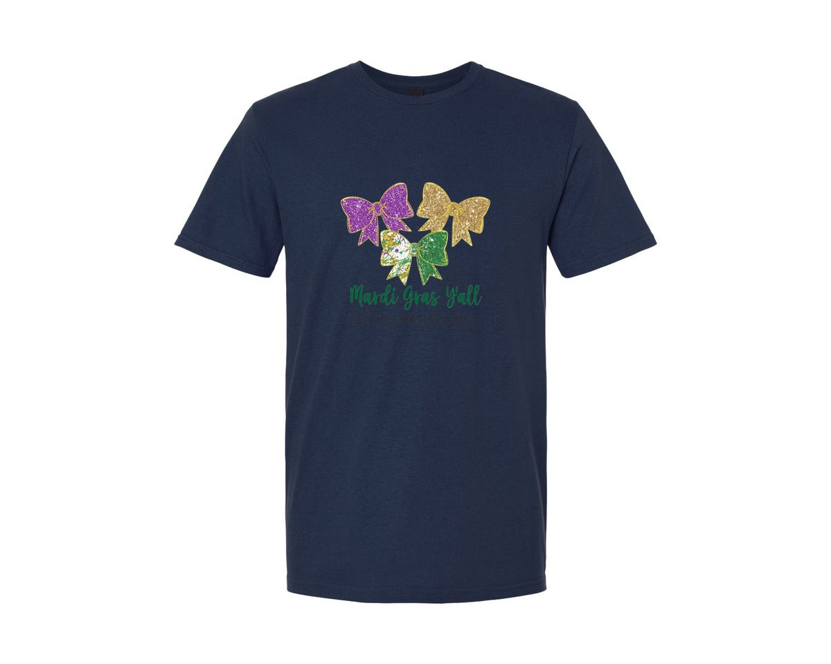 brand:Generic|color:Navy|Mardi Gras Bow Glittery Purple Graphic T-Shirt