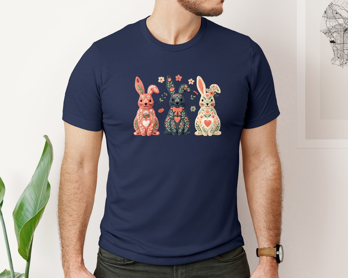 brand:Bella Canvas|color:Navy|Crochet Easter Bunny Floral Coquette Graphic T-Shirt