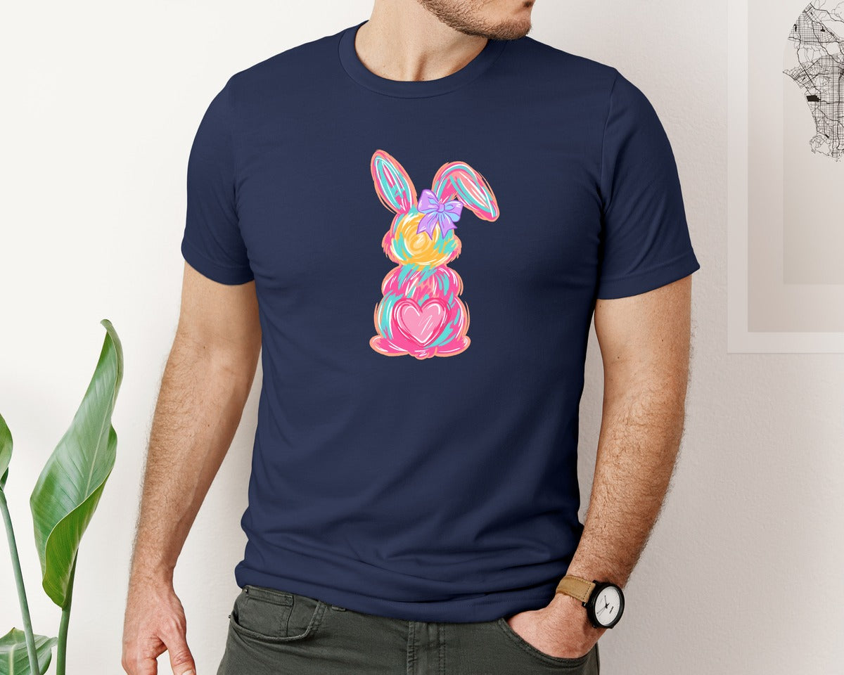 brand:Bella Canvas|color:Navy|Brushstroke Bunny Pink Easter Graphic T-Shirt