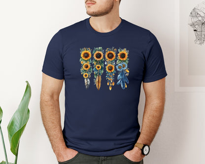 brand:Bella Canvas|color:Navy|Boho Wildflowers Feathers Flowers Graphic T-Shirt