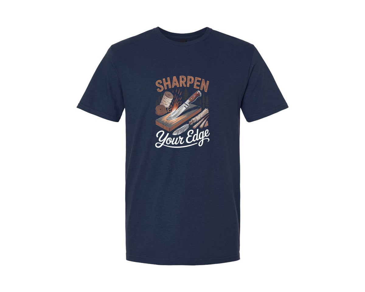 brand:Generic|color:Navy|Sharpen Your Edge Bushcraft Design Graphic T-Shirt