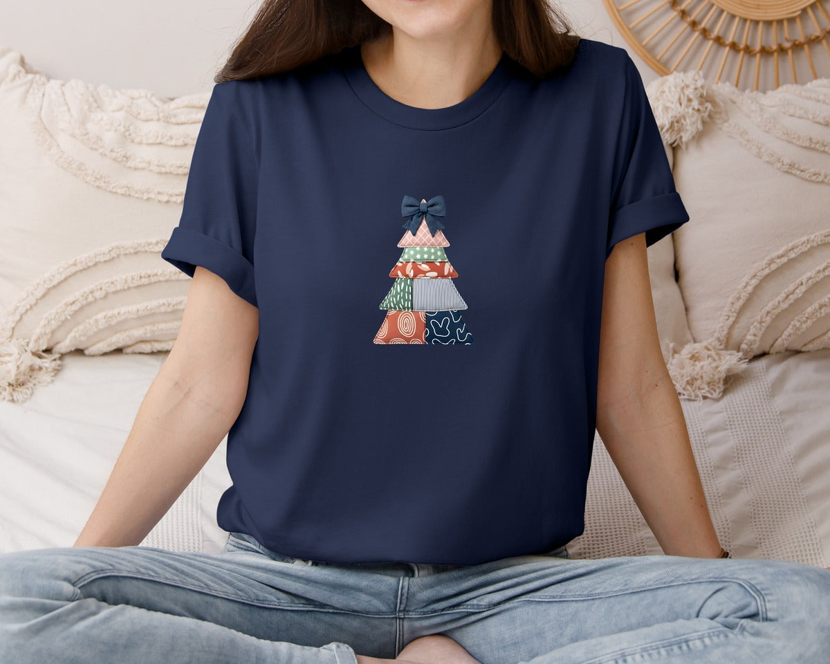 brand:Bella Canvas|color:Navy|Christmas Tree Embroidery Design Graphic T-Shirt