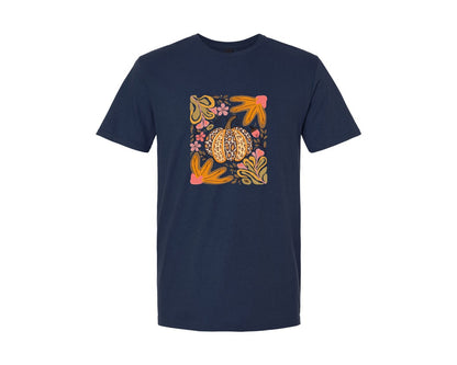 brand:Generic|color:Navy|Boho Fall Pumpkin Floral Fall Graphic T-Shirt
