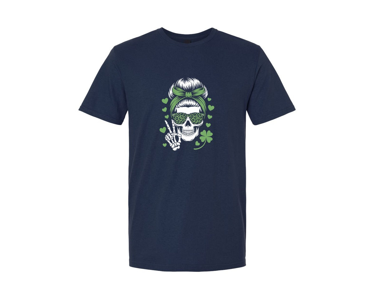 brand:Generic|color:Navy|St Patricks Day Lucky Skull Girl Graphic T-Shirt