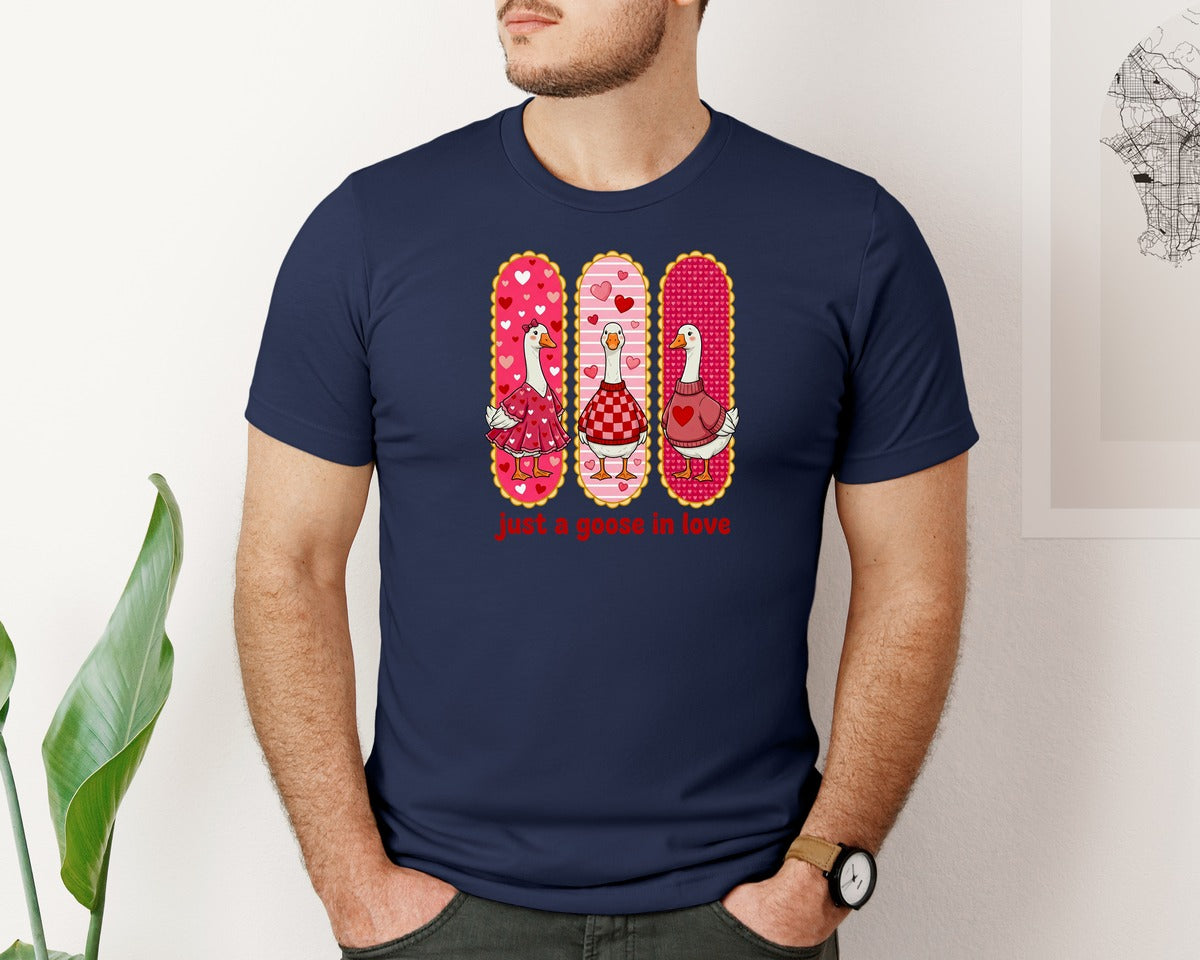 brand:Bella Canvas|color:Navy|Just A Goose In Love Valentine Graphic T-Shirt