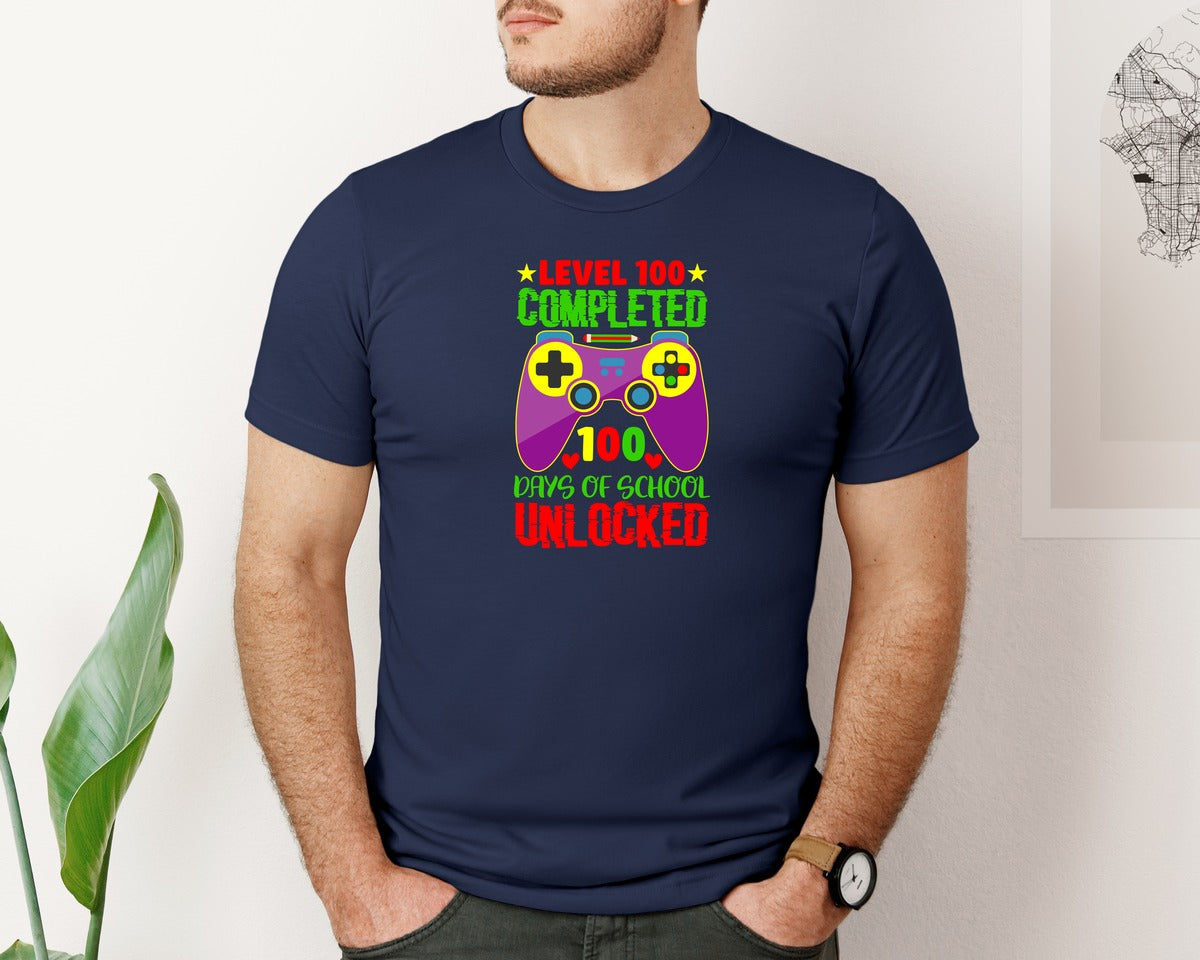 brand:Bella Canvas|color:Navy|Level 100 Complete 100 Days Of School Graphic T-Shirt