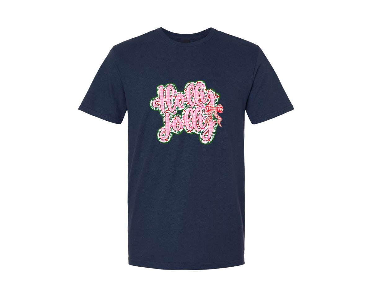 brand:Generic|color:Navy|Holly Jolly Christmas Floral Plaid Bow Graphic T-Shirt